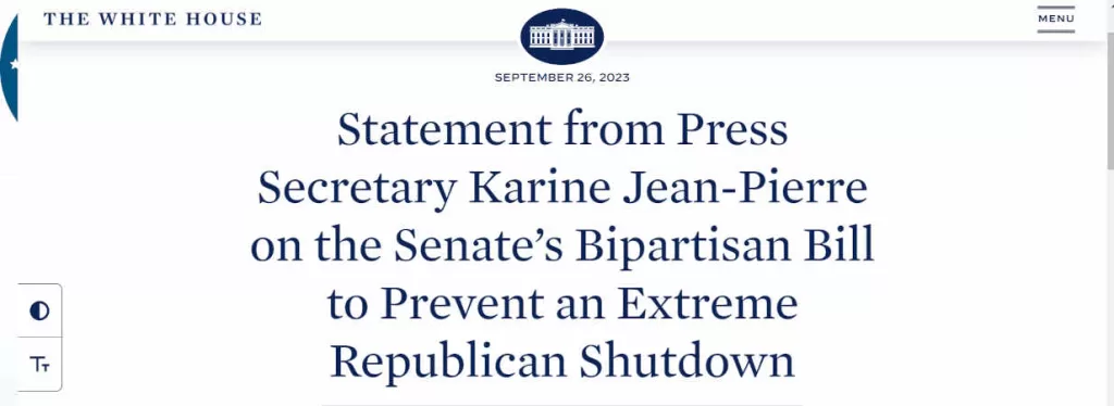 White House - Statement from Press Secretary Karine Jean-Pierre on the Senate’s Bipartisan Bill to Prevent an Extreme Republican Shutdown