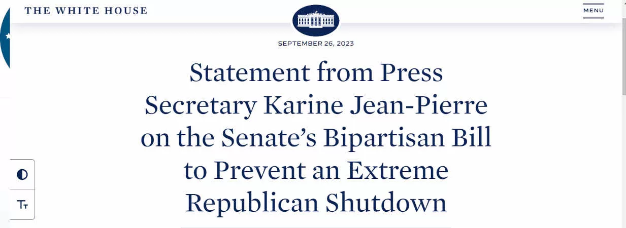 White House - Statement from Press Secretary Karine Jean-Pierre on the Senate’s Bipartisan Bill to Prevent an Extreme Republican Shutdown