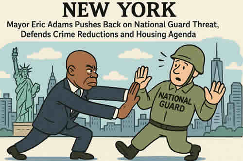 NYC News Mayor Eric Adams Pushes Back on National Guard Threat cartoon fun