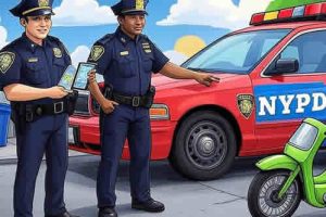 NYPD-NYc-Mews-Brooklyn New York - полицейские возле моторолера - мотоцикла и машины