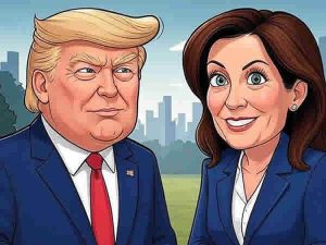 DonaldTrunp Hochul New York news together next to Manhattan View