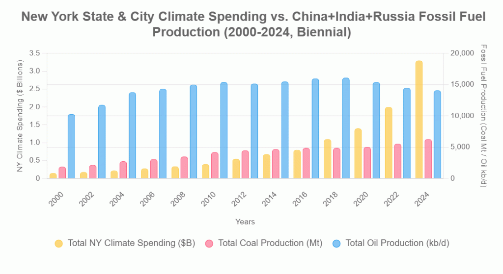 New York State and NY City Climate Spending vs. China+India+Russia Fossil Fuel Production