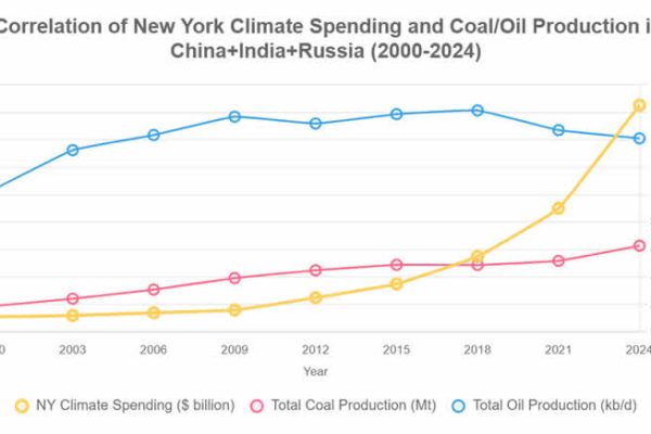 New York State and NY City Climate Spending vs. China+India+Russia Fossil Fuel Production