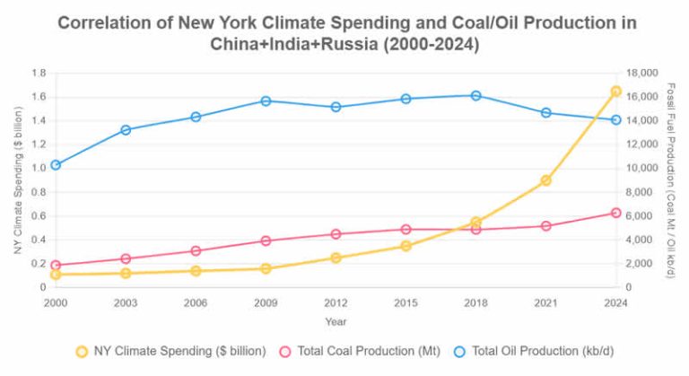 New York State and NY City Climate Spending vs. China+India+Russia Fossil Fuel Production