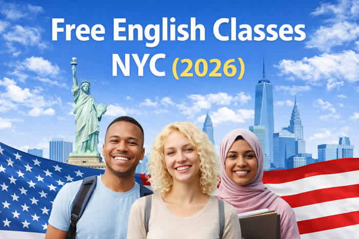 Free English Classes NYC 2026 - 3 students and USA Flag