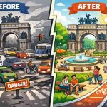 Grand Army Plaza Brooklyn before and after redesign showing traffic and pedestrian changes