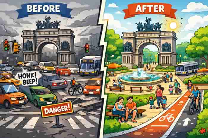Grand Army Plaza Brooklyn before and after redesign showing traffic and pedestrian changes