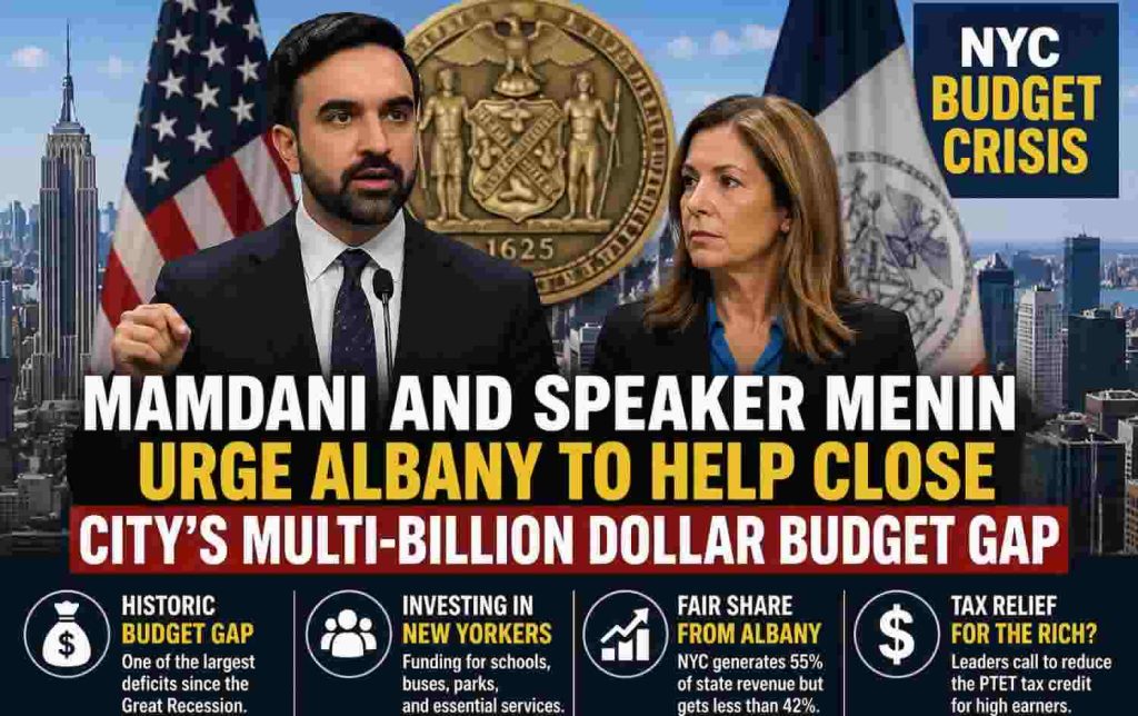 NYC budget crisis press conference with Mayor Mamdani and Speaker Menin urging Albany to close multi-billion dollar gap