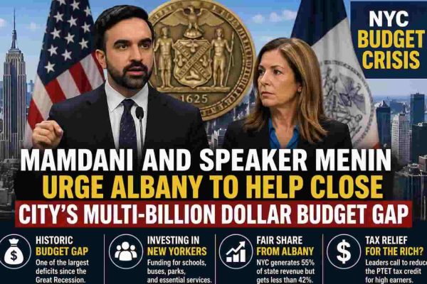 NYC budget crisis press conference with Mayor Mamdani and Speaker Menin urging Albany to close multi-billion dollar gap