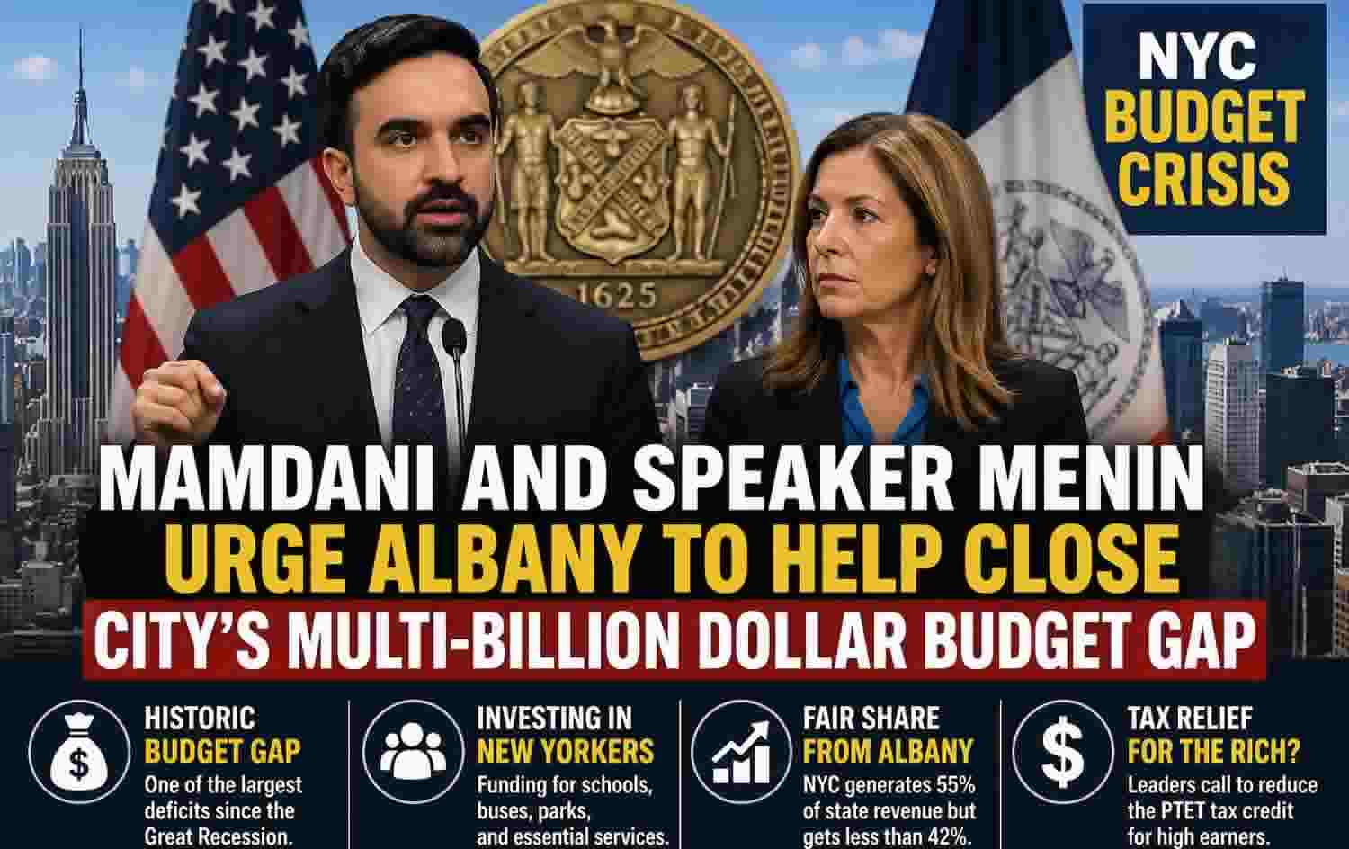 NYC budget crisis press conference with Mayor Mamdani and Speaker Menin urging Albany to close multi-billion dollar gap