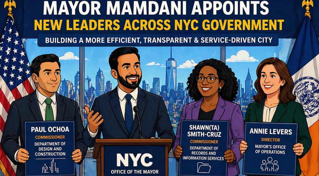 Cartoon illustration of NYC Mayor Mamdani announcing new government appointments including Paul Ochoa, Shawn Smith-Cruz, and Annie Levers in 2026