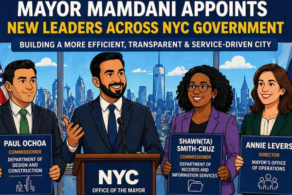 Cartoon illustration of NYC Mayor Mamdani announcing new government appointments including Paul Ochoa, Shawn Smith-Cruz, and Annie Levers in 2026