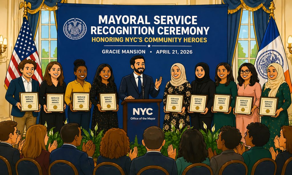 Cartoon illustration of NYC Mayoral Service Recognition Ceremony at Gracie Mansion honoring community leaders