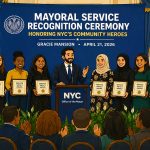 Cartoon illustration of NYC Mayoral Service Recognition Ceremony at Gracie Mansion honoring community leaders