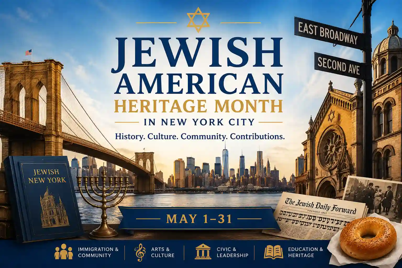 Jewish American Heritage Month 2026 in New York City with Brooklyn Bridge skyline and Jewish cultural symbols