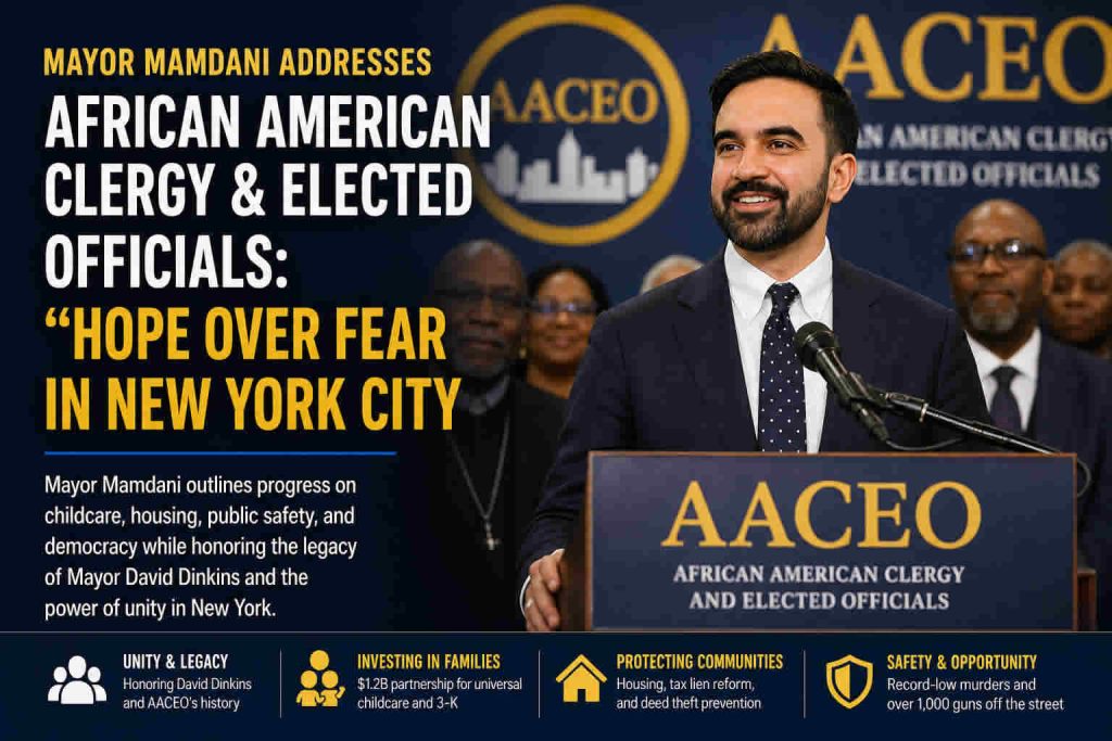 Mayor Mamdani speaking at African American Clergy and Elected Officials event in NYC highlighting unity, childcare, housing, and public safety