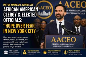 Mayor Mamdani speaking at African American Clergy and Elected Officials event in NYC highlighting unity, childcare, housing, and public safety