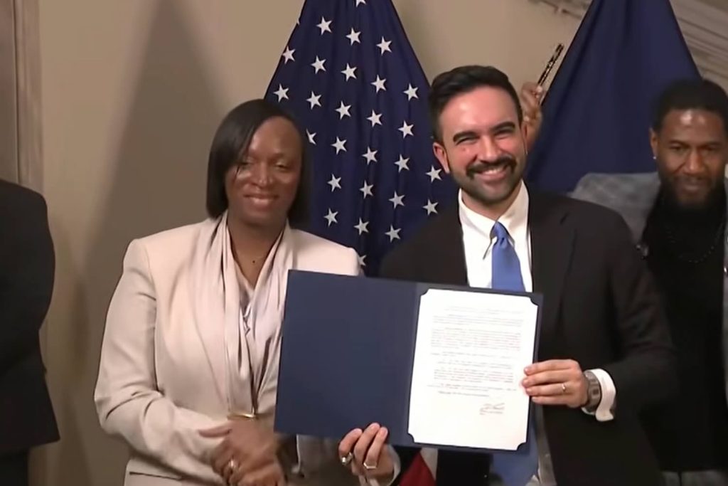Mayor Zohran Mamdani with Dr Ayesha Delany Brumsey during appointment as Commissioner of NYC Office of Community Safety