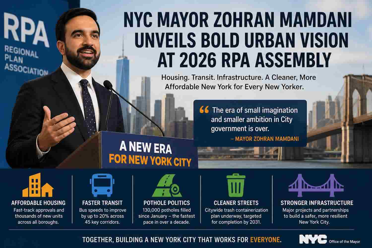 NYC Mayor Zohran Mamdani Unveils Bold Urban Vision at 2026 RPA Assembly - person in news image